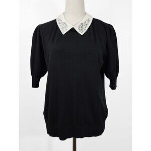 Sioni Milano Large Black Knit Short Sleeve Sweater Peter Pan Rhinestone Collar